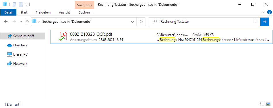 Suche nach Dokumenten mit der Suche im Datei Explorer